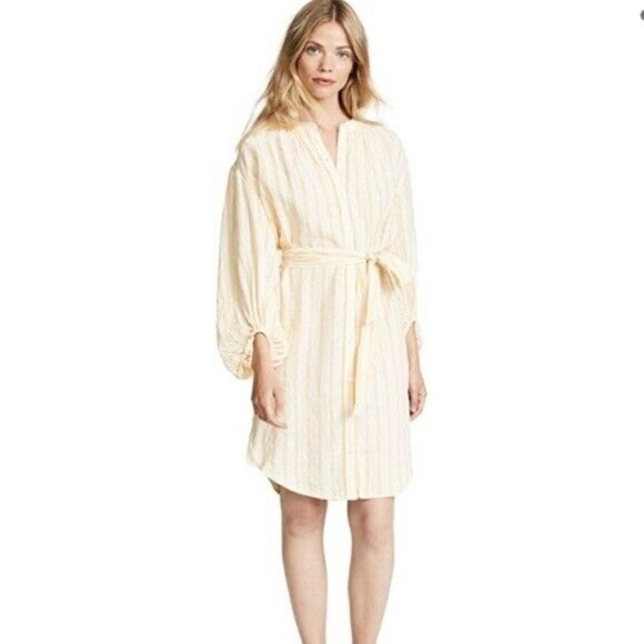 Joie Beatrissa Linen Cornsilk Yellow Stripe Balloon Sleeve Shirt Dress Size XXS - Picture 2 of 14